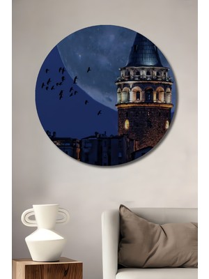 Teona Ahşap Galata Kulesi Ay Işığı Yağlı Boya Görünümlü Ahşap Dekoratif Tablo Yuvarlak Tablo