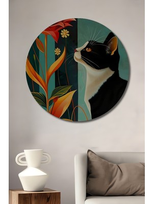 Teona Ahşap Yağlı Boya Görünümlü Kedi Arı Çiçek Sanat Dekoratif Ahşap Tablo Yuvarlak Tablo