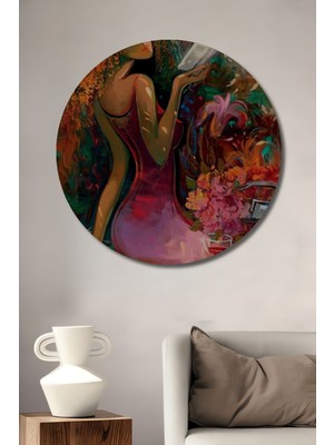 Teona Ahşap Kıvırcık Kızıl Saçlı Kadın Kitap Okuma Yağlı Boya Görünümlü Soyut Sanat Ahşap Tablo Yuvarlak Tablo