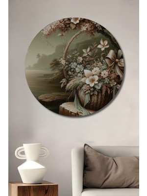 Teona Ahşap Romantik Çiçek Sepeti Yağlı Boya Görünümlü Ahşap Dekoratif Tablo Yuvarlak Tablo