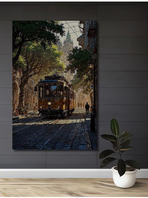 Teona Ahşap Büyüleyici Şehir Tramvayı Yağlı Boya Görünümlü Ahşap Dekoratif Tablo Dikdörtgen Tablo