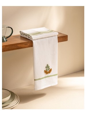 Madame Coco Fleur Nakışlı 2' Li Pamuklu Kurulama Bezi - Beyaz/yeşil