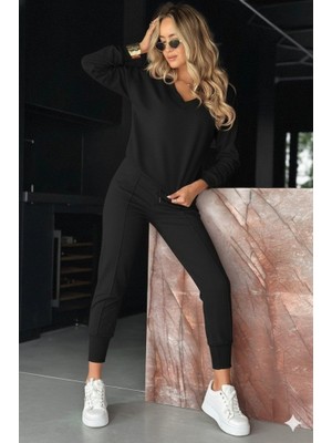 Moderie Butik Kadın Uzun Kollu V Yakalı Viskon Iki Iplik Bluz ve Pantolon Ikili Takım