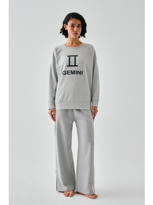 Modaserdem  Kadın Gri Ikizler Burcu Oversize 2 Iplik Eşofman Ev Giyim Takımı