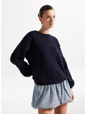 Fabrika Bisiklet Yaka Loose Fit Jakarlı Lacivert Kazak Kadın F5WL-KZK0265