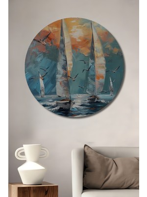 Teona Ahşap Yelkenli Tekne Deniz Manzarası Yağlı Boya Görünümlü Modern Sanat Ahşap Tablo Yuvarlak Tablo