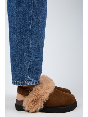 Manijero Antonella Kürklü Kadın Hakiki Deri Arkadan Kemerli Platform Sabo Taba Sandalet