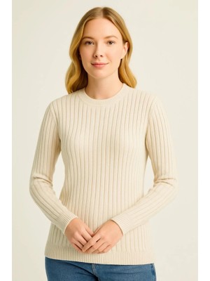 Arben Boutique Bisiklet Yuvarlak Yaka Triko Kazak Pamuklu Kalın Fitilli Dokuma, Regular Fit Uzun Kollu Kışlık Model - Bej