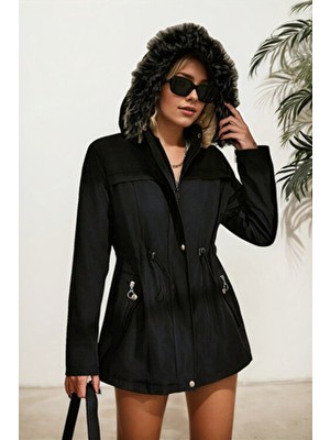 Hiramir Kürk Astarlı Çıkma Kapüşonlu Fermuarlı Bondit Mont Siyah KS2530