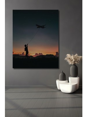Teona Ahşap Gökyüzü Dansı Çocuk ve Uçak Silüet Suluboya Görünümlü Dekoratif Ahşap Tablo Dikdörtgen Tablo