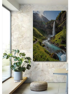 Teona Ahşap Muhteşem Şelale Manzarası Yağlı Boya Görünümlü Ahşap Tablo Dikdörtgen Tablo