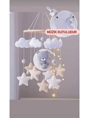 Beberinos Müzikli Kahve Kremli Gri Ayıcık Bebek / Çocuk %100 El Yapımı Bebek Beşik Süsü Dönence