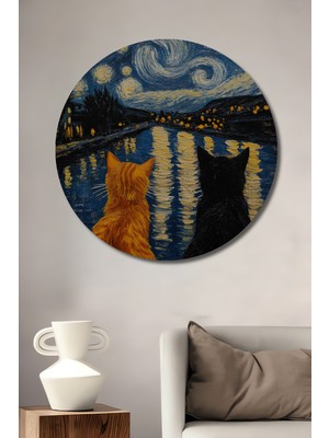 Teona Ahşap Van Gogh Tarzı Kedili Yağlı Boya Görünümlü Ahşap Dekoratif Tablo Yuvarlak Tablo