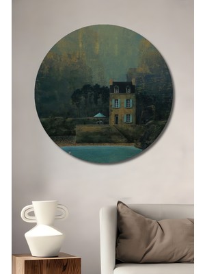 Teona Ahşap Gızemlı Sahil Evi Yağlı Boya Görünümlü Ahşap Dekoratif Tablo Yuvarlak Tablo