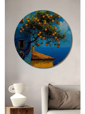 Teona Ahşap Turuncu Güneşli Akdeniz Evi Yağlı Boya Görünümlü Ahşap Dekoratif Tablo Yuvarlak Tablo