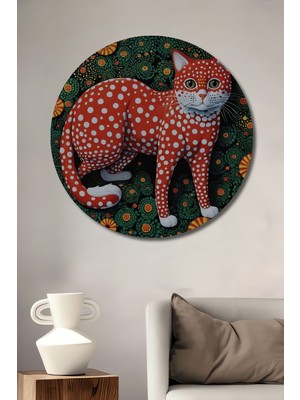 Teona Ahşap Kırmızı Benekli Kedi Yağlı Boya Görünümlü Ahşap Dekoratif Tablo Yuvarlak Tablo