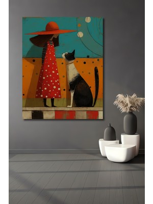 Teona Ahşap Kedi ve Şapkalı Kızın Modern Sanat Yağlı Boya Görünümlü Dekoratif Ahşap Tablo Dikdörtgen Tablo