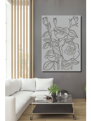 Teona Ahşap Beyaz Gül Kara Kalem Görünümlü Ahşap Dekoratif Tablo Dikdörtgen Tablo
