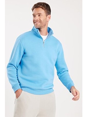 Tudors Unisex Relax Fit Rahat Kesim Pamuklu İçi Polarlı Yarım Fermuarlı Mavi Dik Yaka Sweatshirt