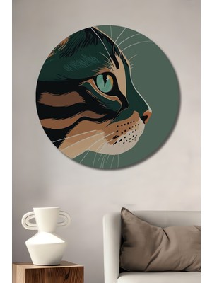 Teona Ahşap Kedili Modern Sanat Ahşap Dekoratif Tabloya Özel Kedi Tasarımı Yağlı Boya Görünümlü Yuvarlak Tablo