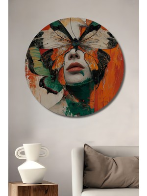 Teona Ahşap Kelebek Kanatlı Kadın Yağlı Boya Görünümlü Modern Sanat Ahşap Dekoratif Tablo Yuvarlak Tablo