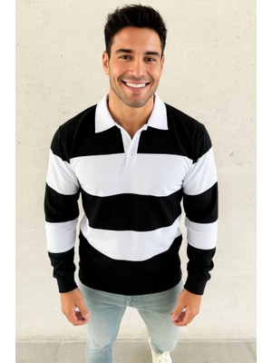 Moderie Butik Erkek Polo Yaka Uzun Kollu Çizgili Sweatshirt Trend Rugby Stil - Siyah