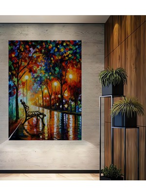 Teona Ahşap Renkli Yapraklar ve Boş Bank Modern Yağlı Boya Görünümlü Ahşap Dekoratif Tablo Dikdörtgen Tablo