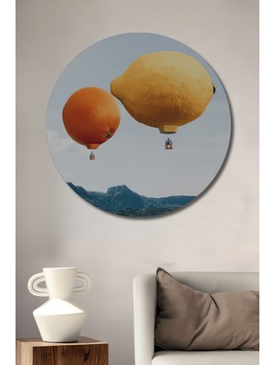 Teona Ahşap Portakal ve Limon Balonları ile Gökyüzü Seyahati Yağlı Boya Görünümlü Ahşap Tablo Yuvarlak Tablo
