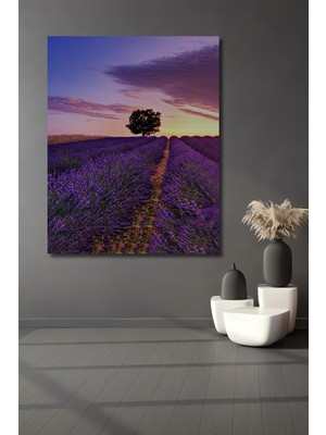 Teona Ahşap Lavanta Tarlası Gün Batımı Yağlı Boya Görünümlü Ahşap Dekoratif Tablo Dikdörtgen Tablo