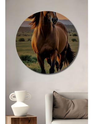 Teona Ahşap Yavuz Atın Özgürlük Koşusu Yağlı Boya Görünümlü Ahşap Dekoratif Tablo Yuvarlak Tablo