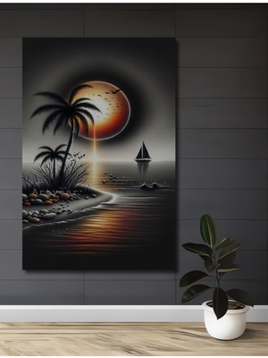Teona Ahşap Muhteşem Gün Batımı Sahili Siyah Beyaz Görünümlü Dekoratif Ahşap Tablo Dikdörtgen Tablo