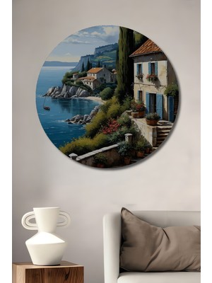 Teona Ahşap Akdeniz Sahili Yağlı Boya Görünümlü Ahşap Dekoratif Tablo Yuvarlak Tablo