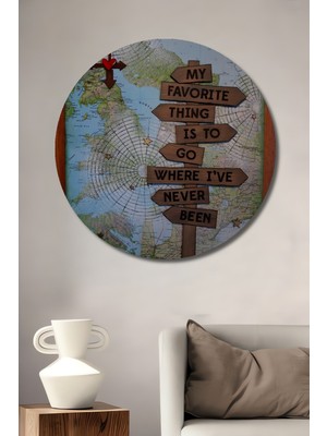 Teona Ahşap Ahşap Harita Üzerine Işaret Tabelaları Modern Sanat Yağlı Boya Görünümlü Tablo Yuvarlak Tablo