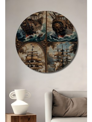 Teona Ahşap Buharlı Gemi Sanat Yağlı Boya Görünümlü Ahşap Dekoratif Tablo Yuvarlak Tablo