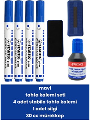 Mavi Stabilo Tahta Kalemi Seti 4 Adet Renkli Tebeşir 1 Silgi ve 30 cc Mürekkep İçerir