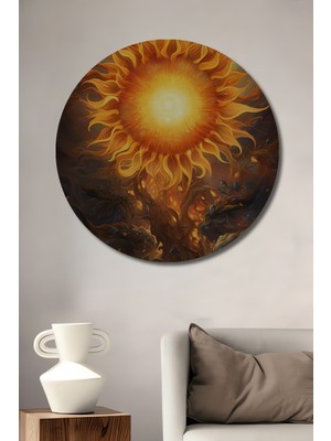 Teona Ahşap Büyülü Gün Batımı ve Ayçiçekleri Yağlı Boya Görünümlü Ahşap Dekoratif Tablo Yuvarlak Tablo