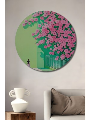 Teona Ahşap Baharın Pembe Düşleri Yağlı Boya Görünümlü Ahşap Dekoratif Tablo Yuvarlak Tablo