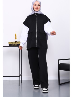 İmaj Butik Siyah Fermuarlı Cepli Yelek Pantolonlu Scuba Takım