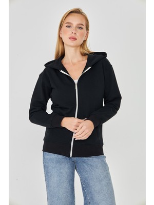 Trendhill Kadın Tam Fermuarlı Kapüşonlu Pamuklu Eşofman Üstü Siyah 9508-S