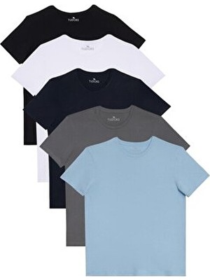 Tudors Unisex 5'li Pkt Siyah-Beyaz-Lacivert-K.Gri-A.Mavi Slim Fit Dar Kesim %100 Pamuk Bisiklet Yaka Tişört