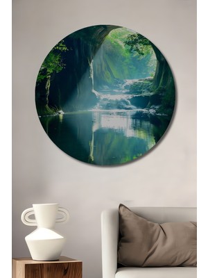 Teona Ahşap Gızemlı Mağara Şelalesi Sulu Boya Görünümlü Ahşap Dekoratif Tablo Yuvarlak Tablo