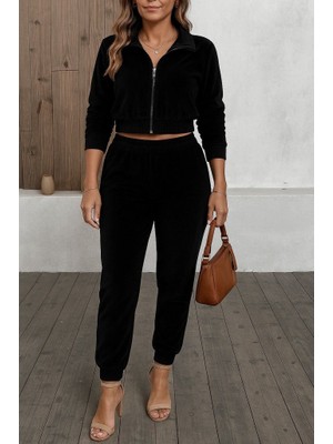 Arben Boutique Kadın Uzun Kollu Önden Fermuarlı Krop Kadife Ceket ve Pantolon Ikili Takım