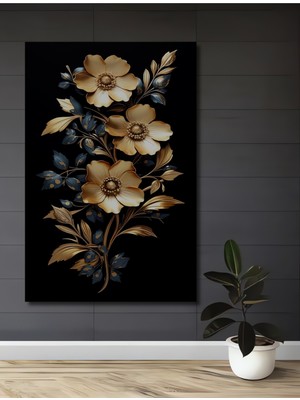 Teona Ahşap Altın Çiçekler Yağlı Boya Görünümlü Ahşap Dekoratif Tablo Dikdörtgen Tablo