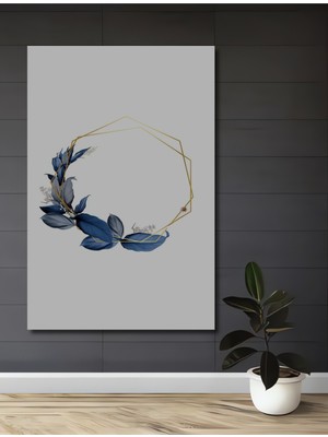 Teona Ahşap Mavi Yapraklar ve Altın Çerçeve Sulu Boya Görünümlü Dekoratif Ahşap Tablo Dikdörtgen Tablo