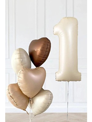  1 yaş retro bej yaş balonlu latte bej kahve kalpli retro doğum günü yaş balon seti