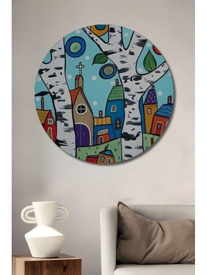 Teona Ahşap Sevimli Evler ve Ağaçlar Yağlı Boya Görünümlü Ahşap Dekoratif Tablo Yuvarlak Tablo