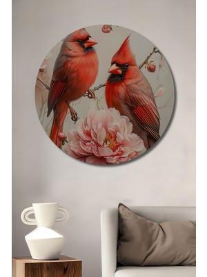 Teona Ahşap Kardinal Kuşları Yağlı Boya Görünümlü Ahşap Dekoratif Tablo Yuvarlak Tablo