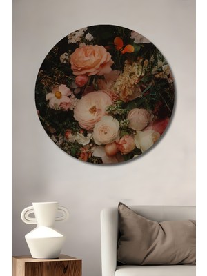Teona Ahşap Romantik Güller Bahçesi Yağlı Boya Görünümlü Ahşap Dekoratif Tablo Yuvarlak Tablo