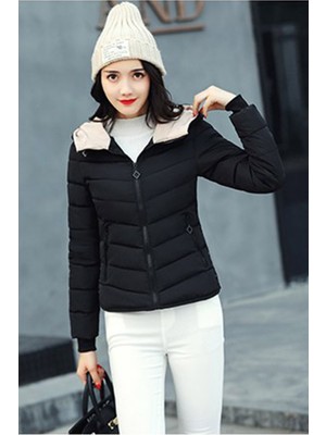 Barbora Kadın Kışlık Kapüşonlu Şişme Mont Düz Siyah Renk Uzun Kol Regular Fit Model