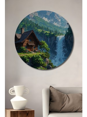 Teona Ahşap Romantik Dağ Evi Sulu Boya Görünümlü Ahşap Dekoratif Tablo Yuvarlak Tablo